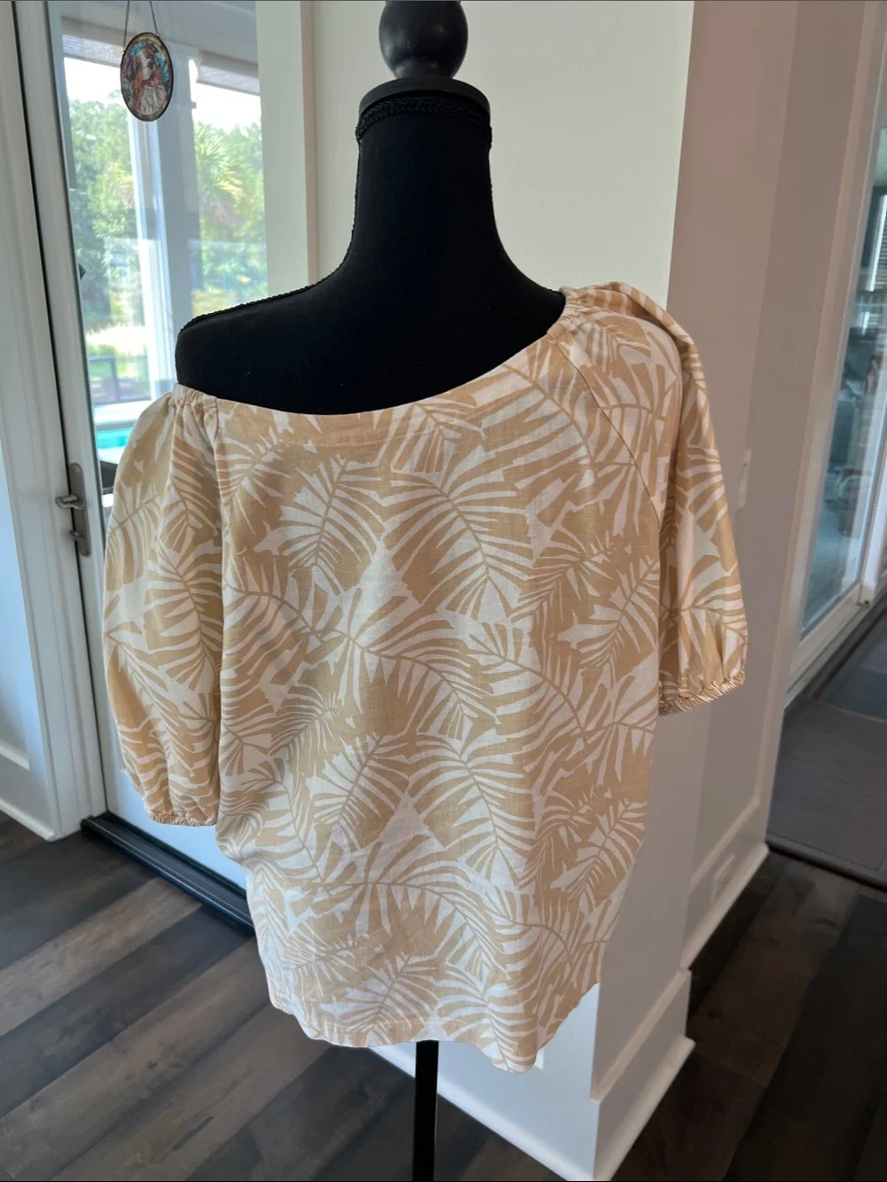 LOFT Cream and Beige Palm-Print Boatneck Blouse